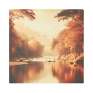 Romantic River Mist with Golden Trees – Metal Prin Print