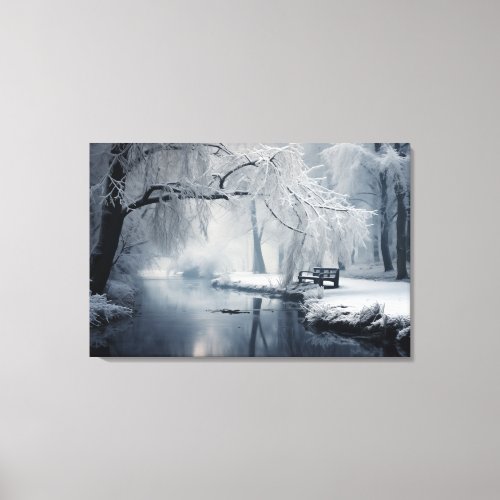 Romantic Riverscapes Snowy Water Bench Canvas Print