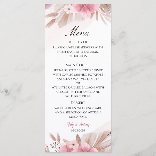 Romantic Rose and Champagne Boho Chic Wedding Menu (Front)