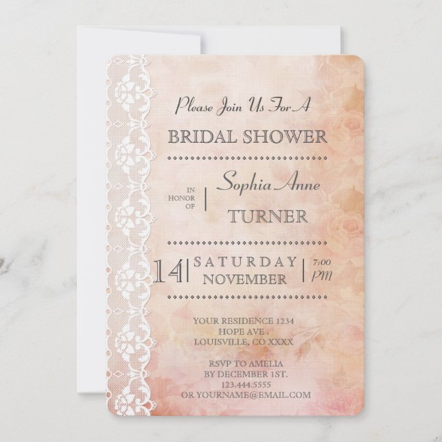 Romantic Rose and Lace BRIDAL SHOWER Invitations (Front)
