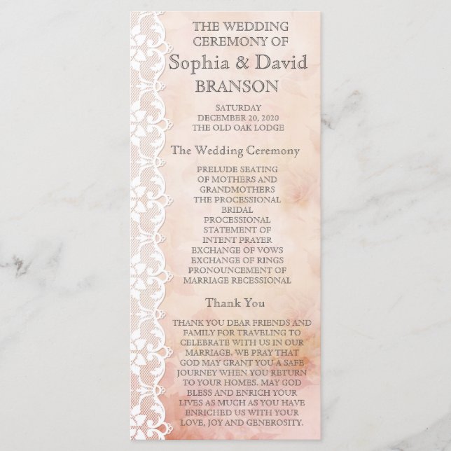 Romantic Rose and Lace Wedding Program Custom (Front)