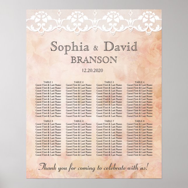 Romantic Rose and Lace Wedding Seating Chart (Front)