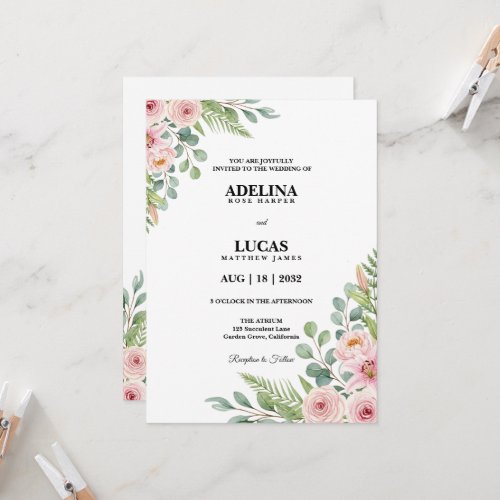 Romantic Rose and Lily Botanical Wedding  Invitation