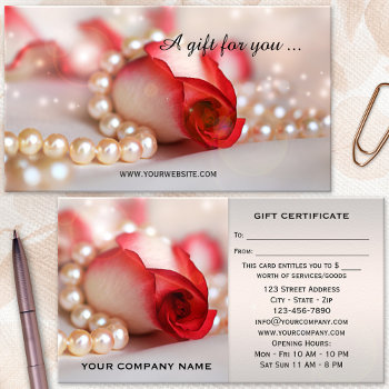 Romantic Rose And Pearls Gift Certificate by sunnysites at Zazzle