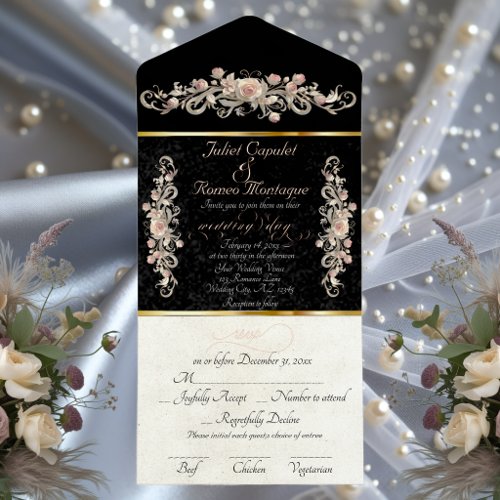 Romantic Rose Arc Borders &amp; Calligraphy - Black All In One Invitation