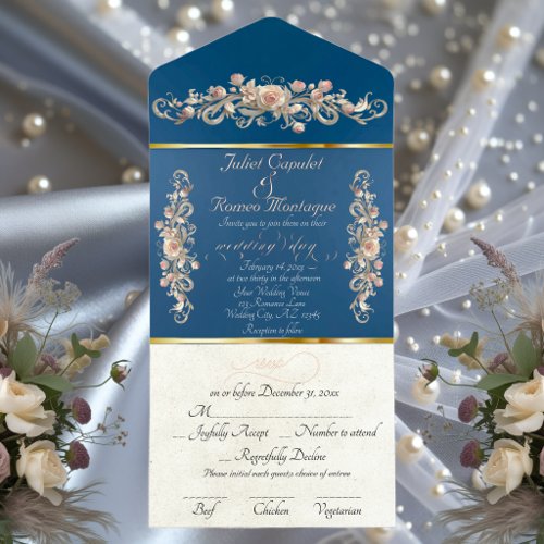 Romantic Rose Arc Borders &amp; Calligraphy - Blue All In One Invitation