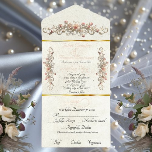 Romantic Rose Arc Borders &amp; Calligraphy - Cream All In One Invitation