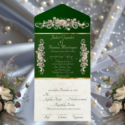 Romantic Rose Arc Borders &amp; Calligraphy - Emerald All In One Invitation