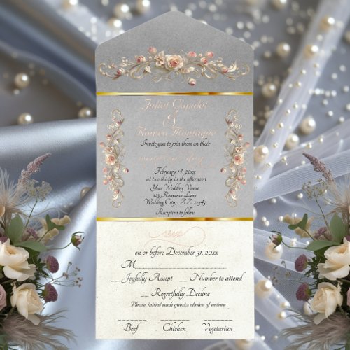 Romantic Rose Arc Borders &amp; Calligraphy - Grey All In One Invitation