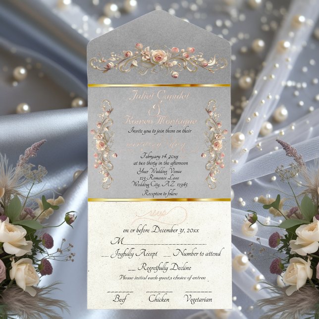 Romantic Rose Arc Borders & Calligraphy - Grey All In One Invitation (Creator Uploaded)