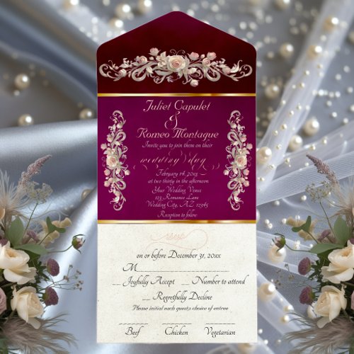 Romantic Rose Arc Borders &amp; Calligraphy - Plum All In One Invitation