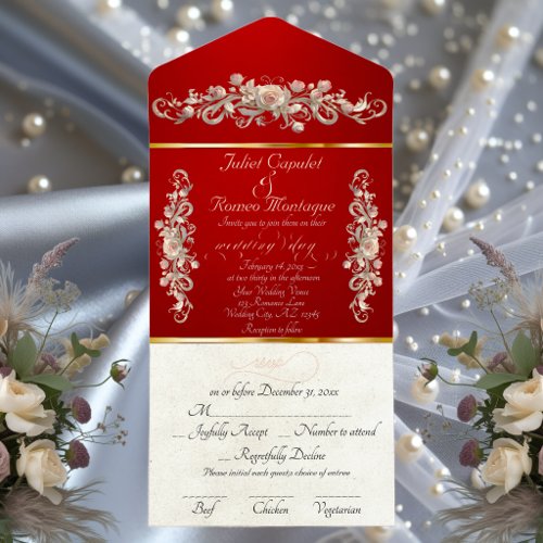 Romantic Rose Arc Borders &amp; Calligraphy - Red All In One Invitation