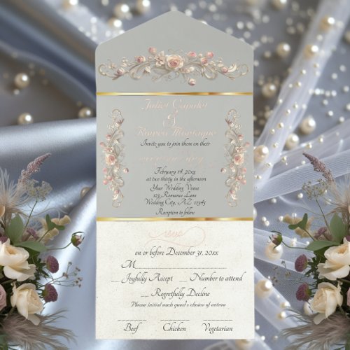 Romantic Rose Arc Borders &amp; Calligraphy - Sage All In One Invitation