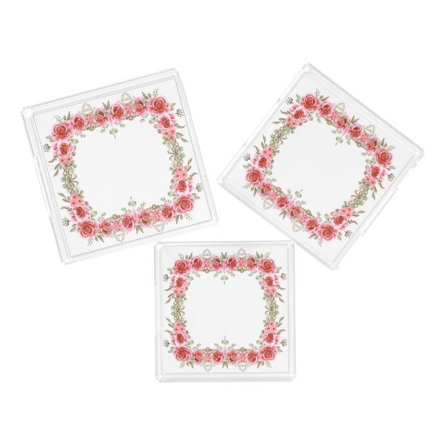 Romantic Rose Bloom Acrylic Tray Set – 3 Sizes (Set)