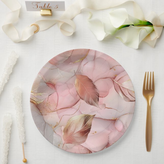 Romantic Rose Blush Pink Gold Leaf Bridal Shower Paper Plates (Wedding)