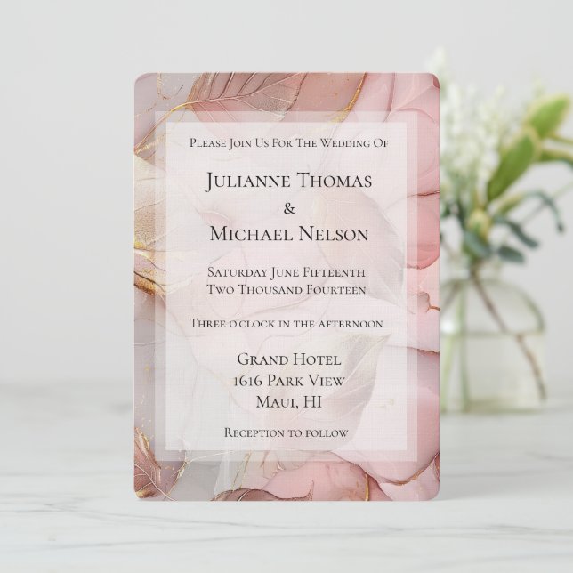 Romantic Rose Blush Pink Gold Leaf Wedding Invitation (Standing Front)