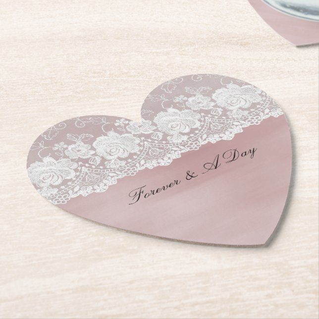 Romantic Rose Blush Pink White Floral Lace Wedding Paper Coaster (Angled)