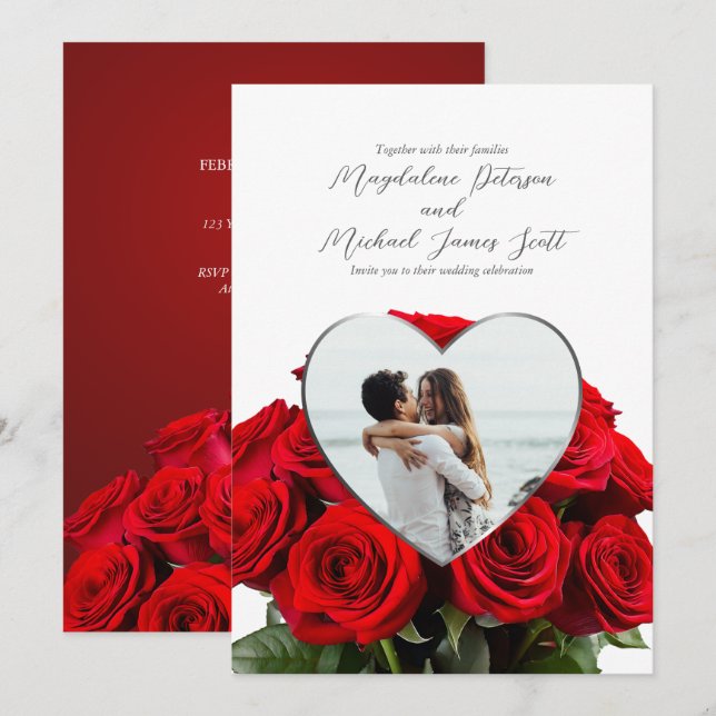 Romantic Rose Bouquet Heart Frame Photo Wedding Invitation (Front/Back)