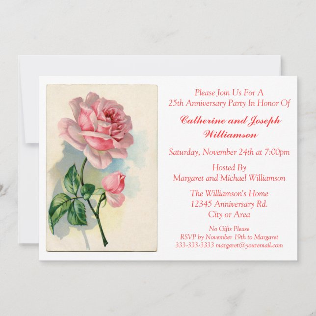 Romantic Rose Bud Flower Custom Anniversary Party Invitation (Front)