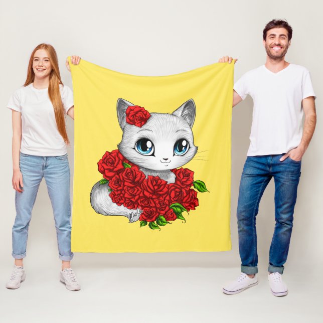 Romantic Rose Cat Art Yellow Fleece Blanket MEDIUM (In Situ)
