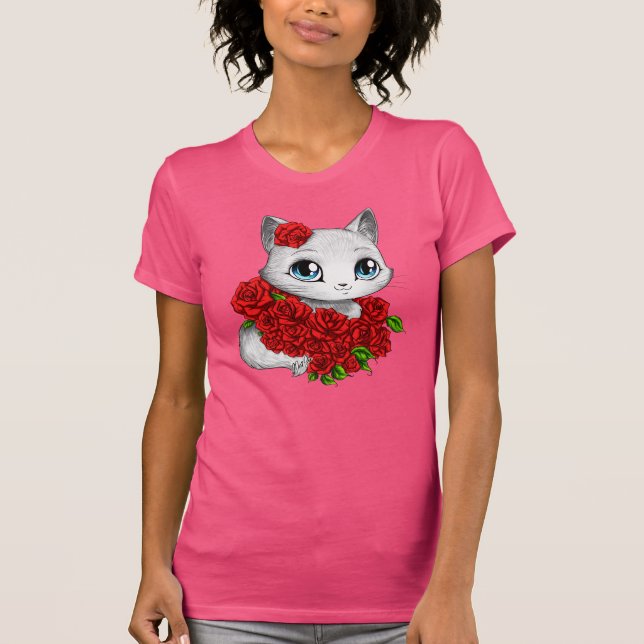 Romantic Rose Cat Pink Slim Fit T-shirt by Mei Yu (Front)