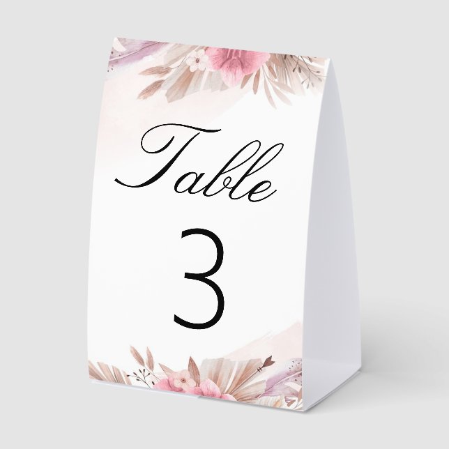 Romantic Rose & Champagne Boho Chic Wedding Number Paper Table Tent (Front)