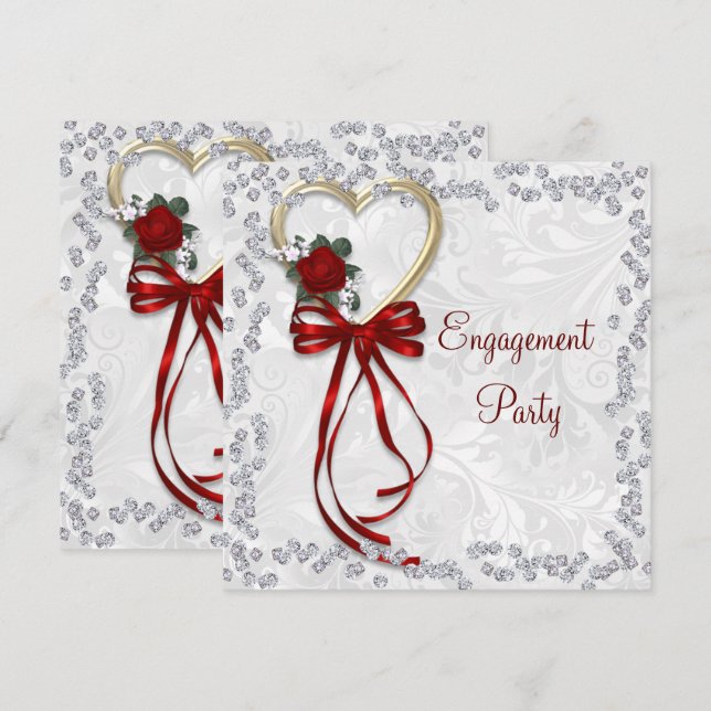Romantic Rose, Diamonds & Red Ribbon Engagement Invitation (Front/Back)