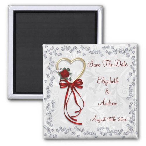 Romantic Rose Diamonds  Red Ribbon Save The Date Magnet
