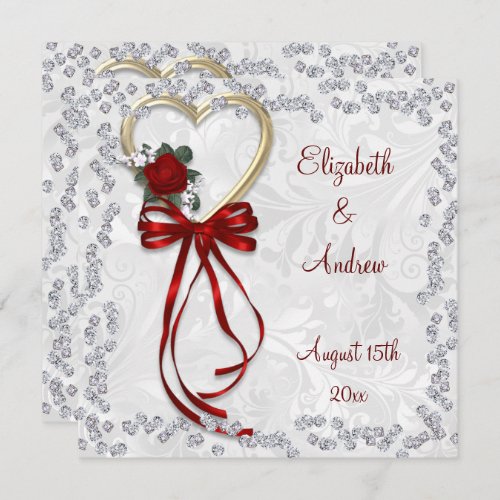 Romantic Rose Diamonds  Red Ribbon Wedding Invitation