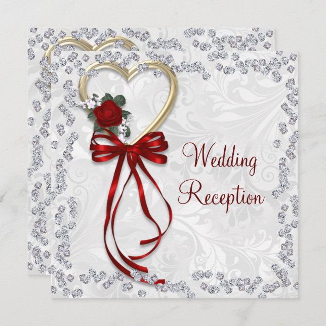 Romantic Rose, Diamonds & Red Ribbon Wedding Invitation (Front/Back)