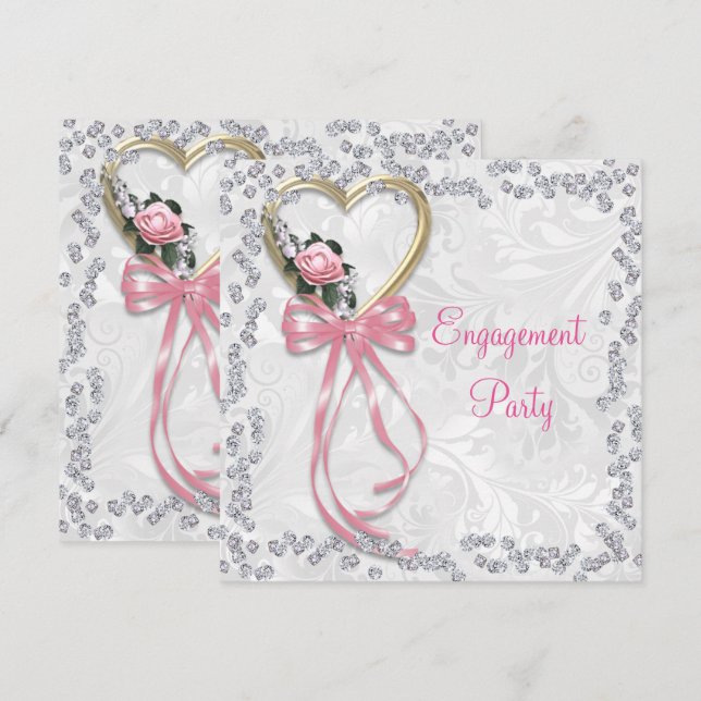 Romantic Rose, Diamonds & Ribbon Engagement Invitation (Front/Back)