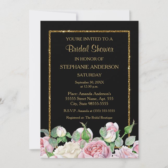 Romantic Rose Floral Faux Gold Glitz Bridal Shower Invitation (Front)
