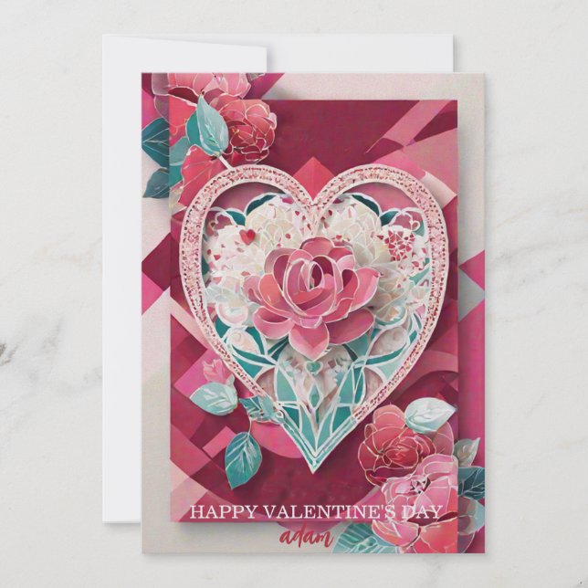 Romantic Rose Floral Heart Valentines Day Card (Front)