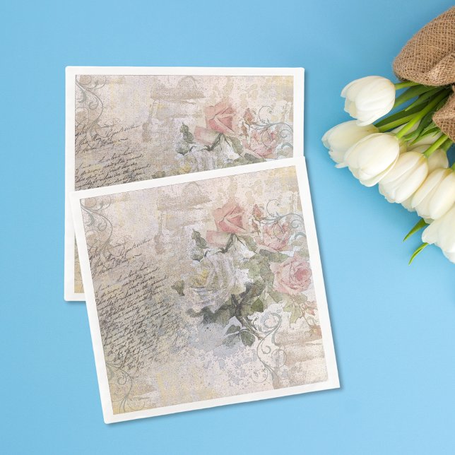 Romantic Rose Florals Old Handwritten Decoupage Paper Dinner Napkins (Creator Uploaded)