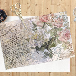 Romantic Rose Florals Old Handwritten Decoupage Tissue Paper