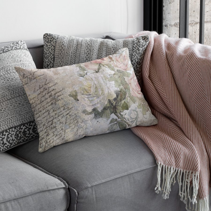Romantic Rose Florals Old Handwritten Home Decor Lumbar Pillow
