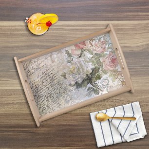 Romantic Rose Florals Old Handwritten Serving Tray