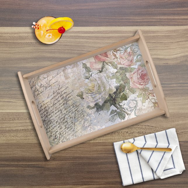 Romantic Rose Florals Old Handwritten Serving Tray (Creator Uploaded)