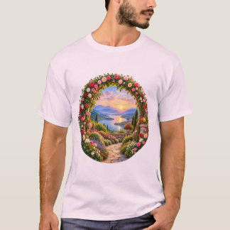 Romantic Rose Garden Arch Mountain Lake Sunrise T-Shirt