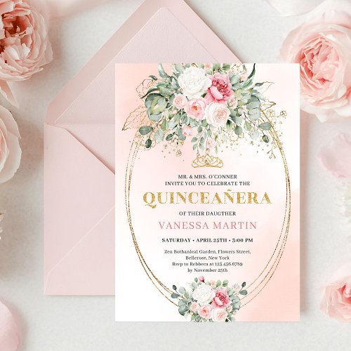 Romantic Rose Gold Blush Quinceañera Invitation