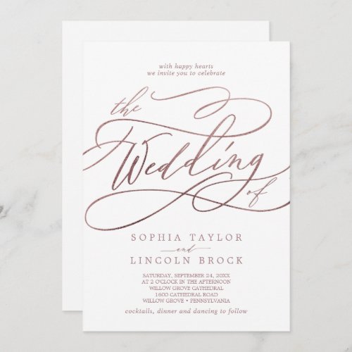 Romantic Rose Gold Calligraphy All In One Wedding Invitation