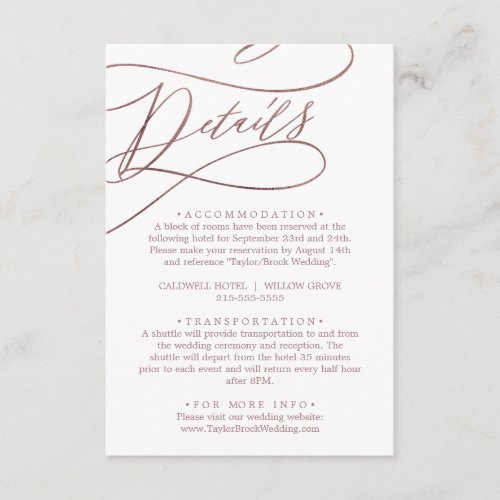 Romantic Rose Gold Calligraphy Details Enclosure Card