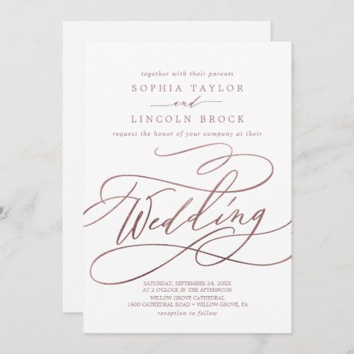 Romantic Rose Gold Calligraphy  Details Wedding Invitation