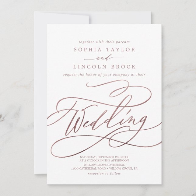 Romantic Rose Gold Calligraphy | Flourish Wedding Invitation (Front)
