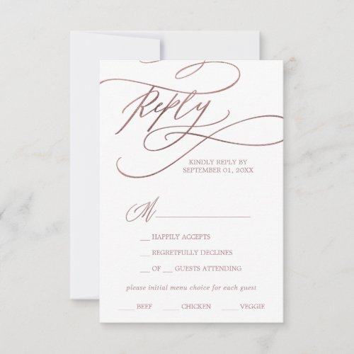 Romantic Rose Gold Calligraphy Menu Choice RSVP