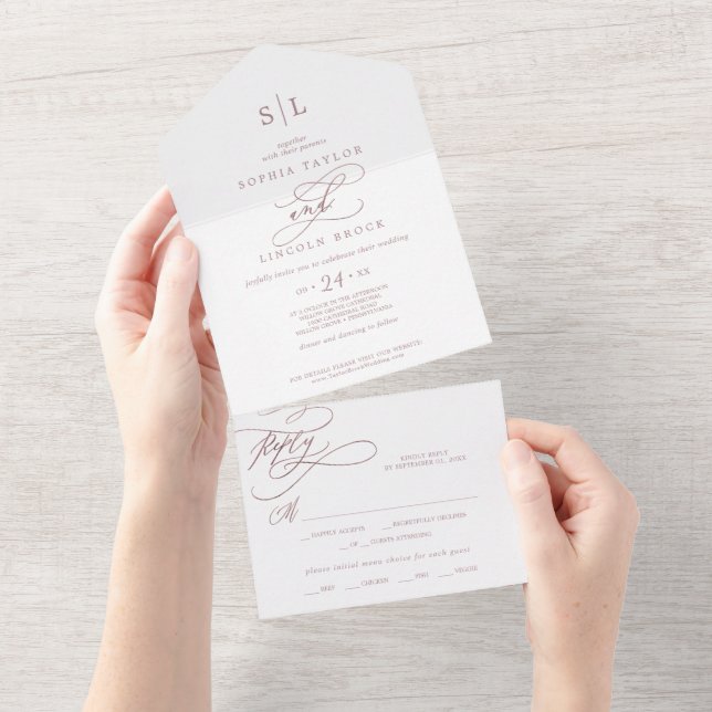 Romantic Rose Gold Calligraphy Monogram Wedding All In One Invitation (Tearaway)
