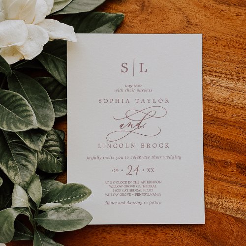 Romantic Rose Gold Calligraphy Monogram Wedding Invitation