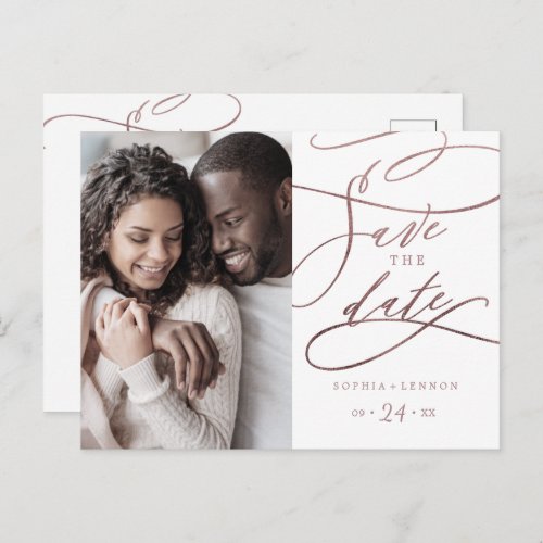 Romantic Rose Gold Calligraphy Photo Save the Date Invitation Postcard