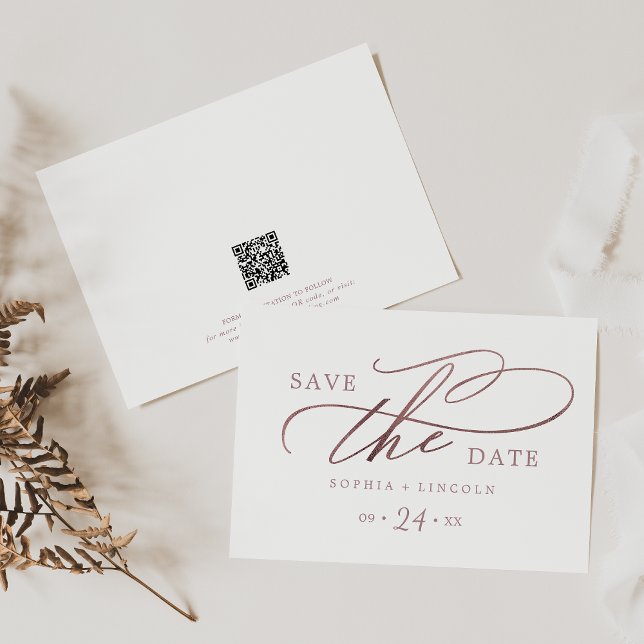 Romantic Rose Gold Calligraphy QR Code Horizontal Save The Date (Creator Uploaded)