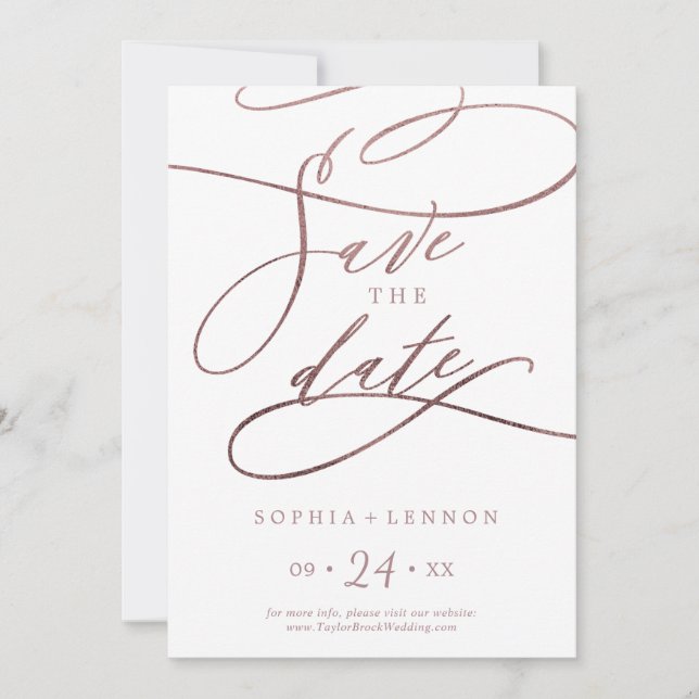 Romantic Rose Gold Calligraphy Save The Date (Front)